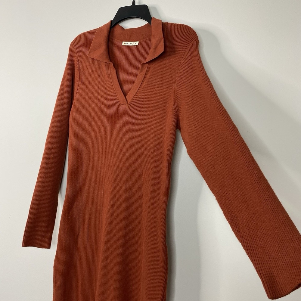 Marine Layer Lexi Ribbed Knit Long Sleeve Polo Midi Dress Women's XL Burnt Henna - Picture 6 of 16